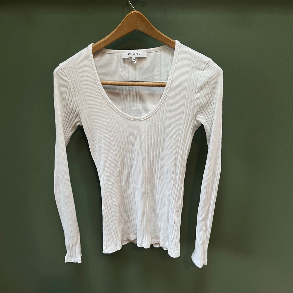 FRAME Womens White Ribbed Long Sleeve Scoop Neck Top S/P